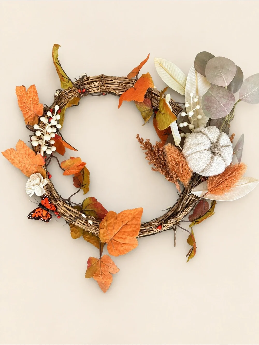 Autumn Harvest Fall Wreath with Orange Leaves and Cream Pumpkin